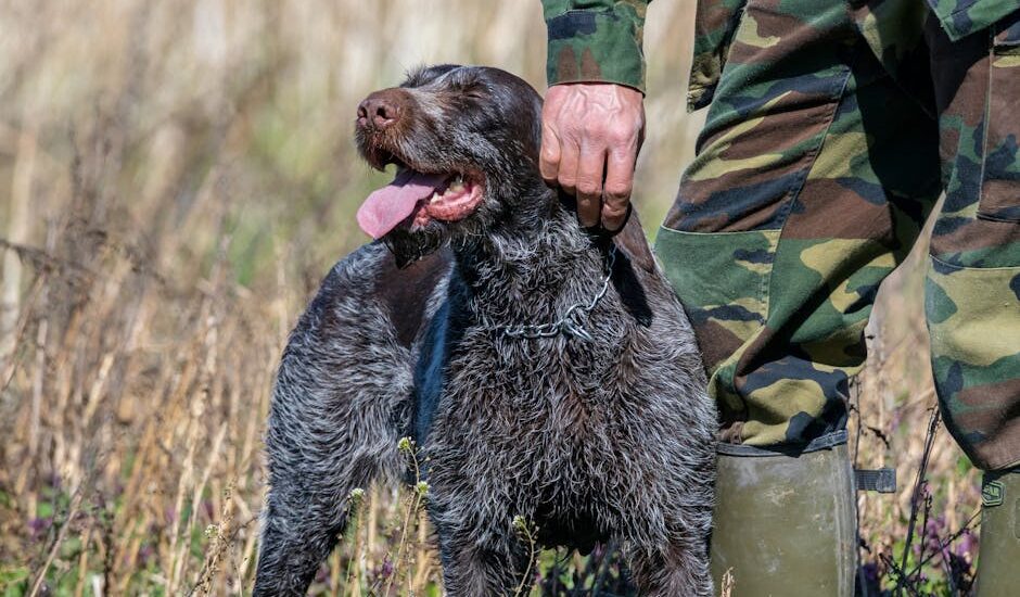 A soldier with a German Wirehaired Pointer dog in a sunny field.