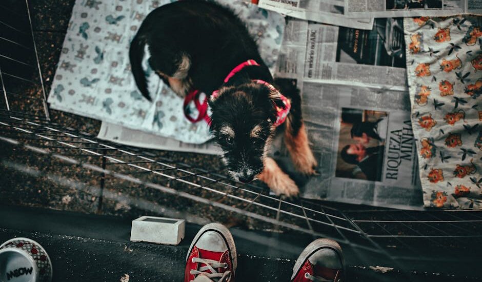 Young puppy in a wire playpen with blankets and newspapers, illustrating a safe space for best puppy playpen picks in 2026