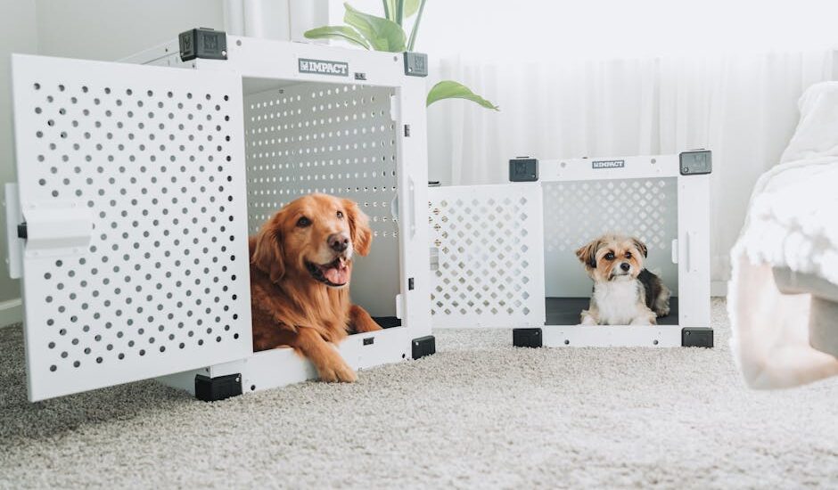 Two adult dogs, a golden retriever and a small mixed breed, resting calmly in white metal crates in a bright bedroom, illustrating crate training for older resc