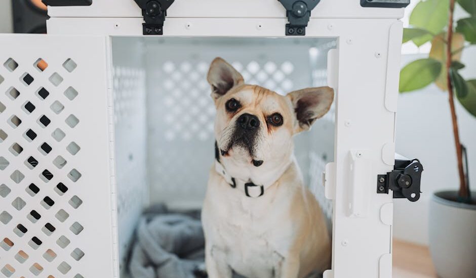 French Bulldog inside Impact dog crate for safe home pet care.