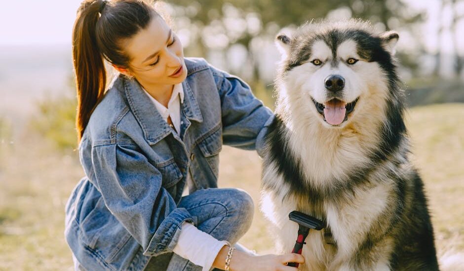 Woman brushing a happy Siberian husky outdoors on a sunny day, showcasing pet care and bonding.