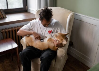 A man gently brushes a dog's teeth while seated in a cozy chair, illustrating the best dog toothbrush set.