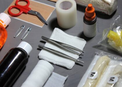A variety of first aid supplies for dogs, relevant to dog first aid kit reviews.
