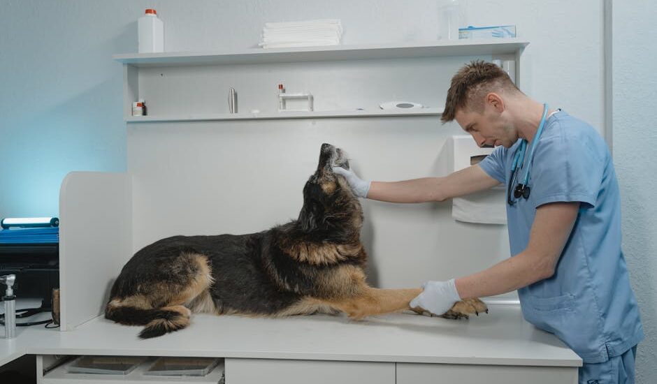 A veterinarian examines a German Shepherd dog, discussing pica treatment options.