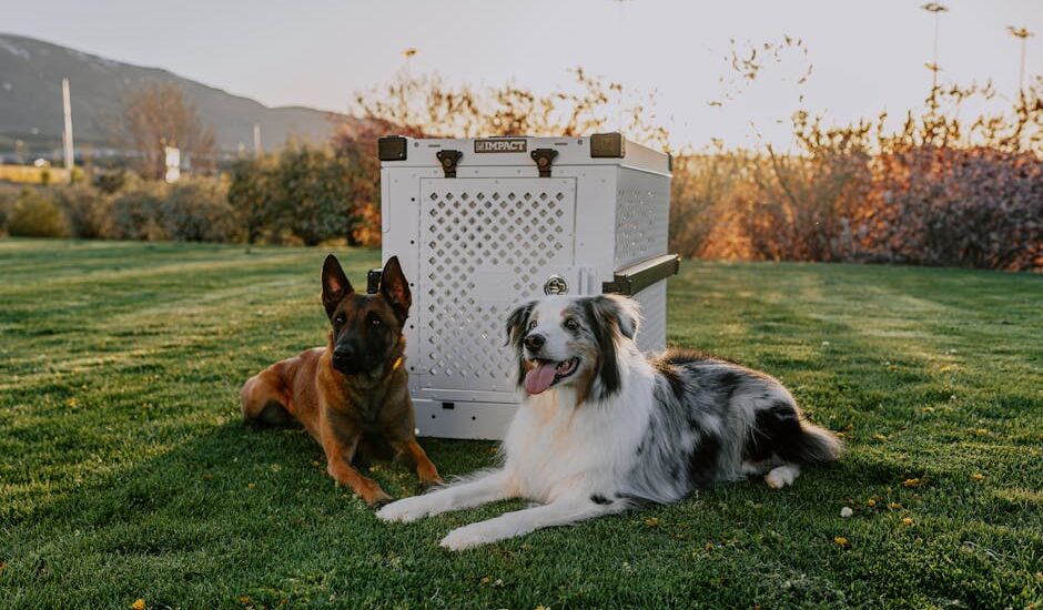 Two dogs resting beside a plastic crate, illustrating the use of plastic crates.
