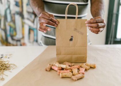 A person holds a thank you bag filled with colorful homemade dog treats, relating to the dog treat balls recipe.